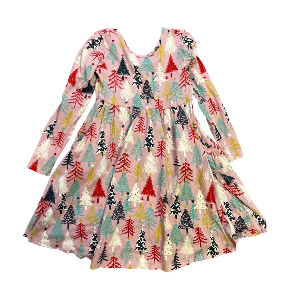 Hanna Andersson Kids Pink Christmas‎ Tree Long Sleeve Twirl Dress Pockets 130 8